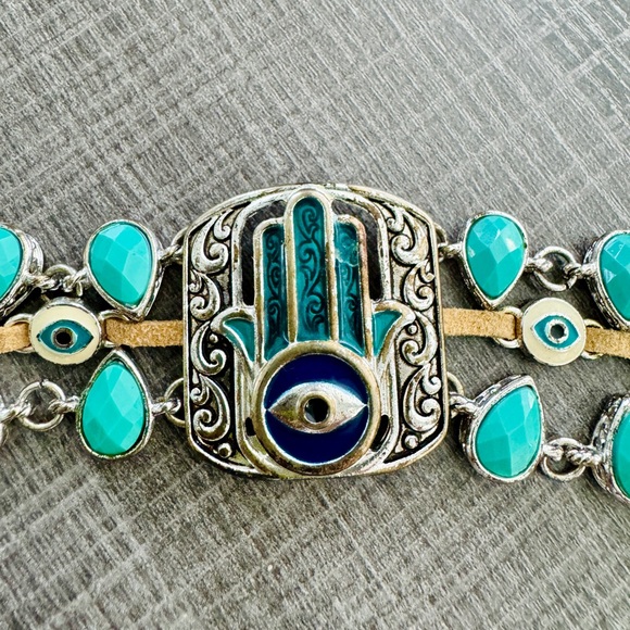 Hamsa Hand Charm with Turquoise pieces | Leather Accent - Picture 2 of 4